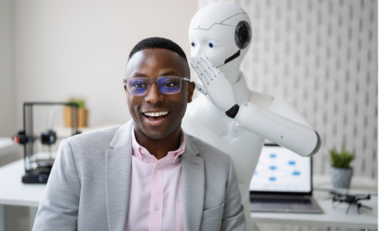 A smiling Black man wearing glasses and a light grey blazer listens as a white humanoid robot whispers into his ear in an office setting.