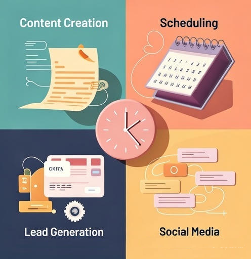 Four-quadrant marketing diagram illustrating Content Creation, Scheduling, Lead Generation, and Social Media, centered around a pink clock icon.