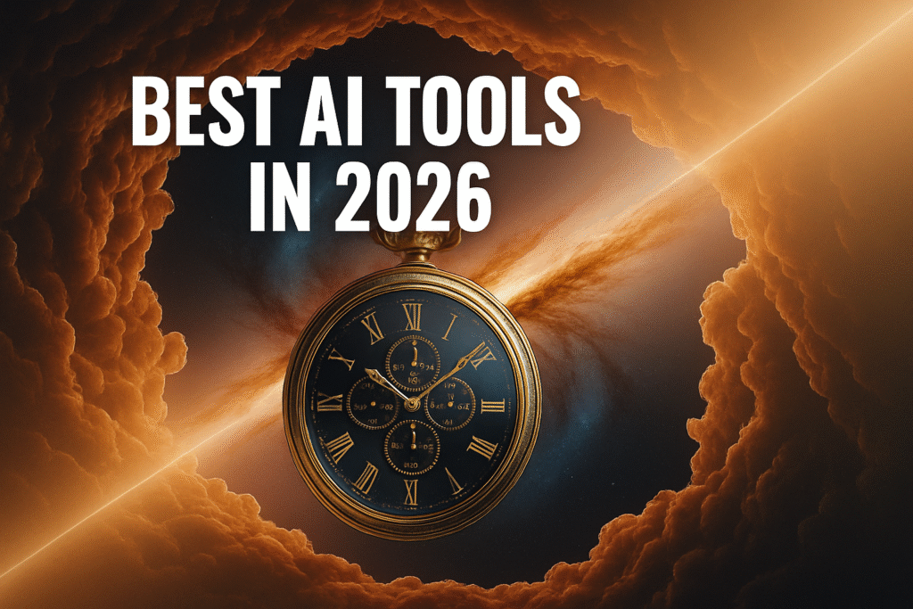 Text overlay reading "BEST AI TOOLS IN 2026" above a vintage gold pocket watch set against a background of dark space and swirling orange clouds.