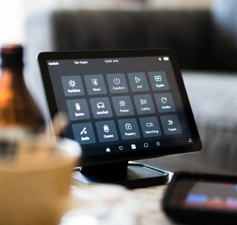 A close-up of a modern digital control panel displaying a grid of dark-themed function icons, situated near a blurred beverage bottle and glass.
