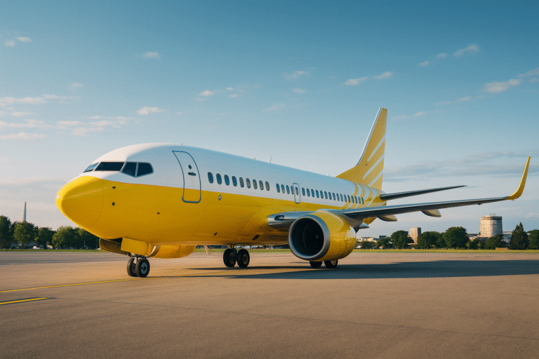 A bright yellow and white Boeing 737 airliner sits on an airport tarmac under a clear blue sky with distant buildings visible.