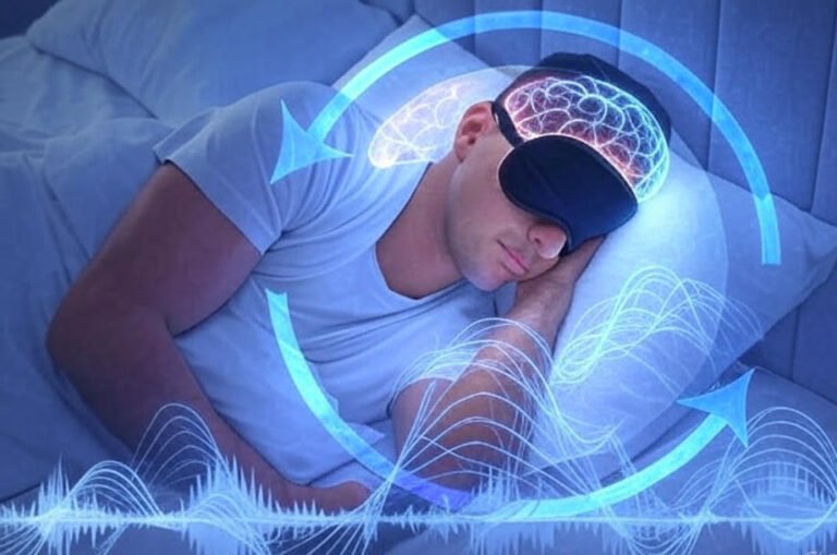 Man sleeping wearing a sleep mask overlaid with glowing blue digital graphics representing brain waves and sound frequencies.