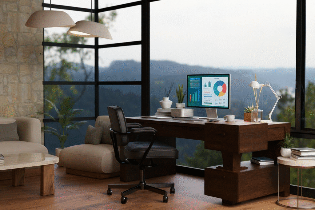 Modern home office setup with a computer displaying analytics, dark wood desk, black ergonomic chair, and a panoramic window overlooking forested mountains.