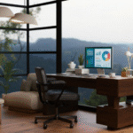 Modern home office setup with a computer displaying analytics, dark wood desk, black ergonomic chair, and a panoramic window overlooking forested mountains.