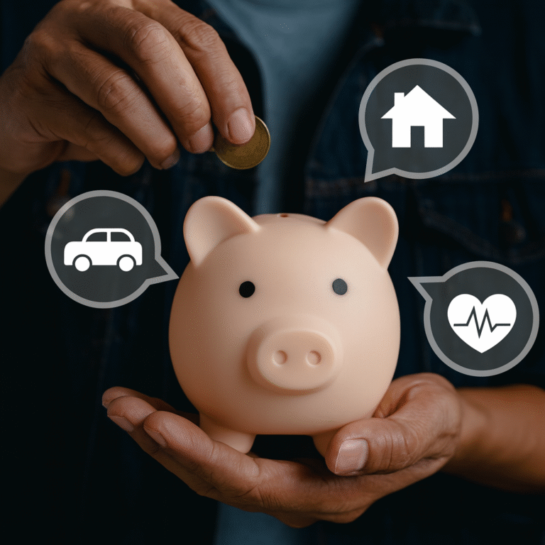 Hands place a coin into a light pink piggy bank surrounded by icons representing saving for a house, car, and health.