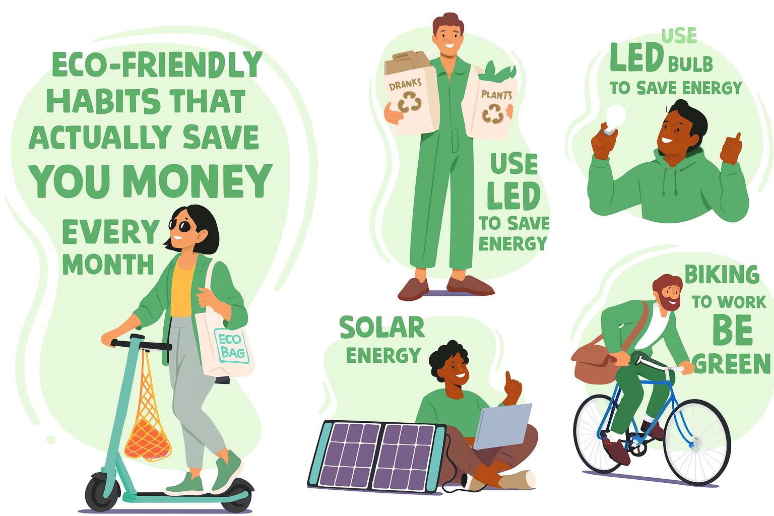 Infographic illustrating eco-friendly habits that save money, including riding a scooter, recycling, using LED bulbs, utilizing solar energy, and biking to work.