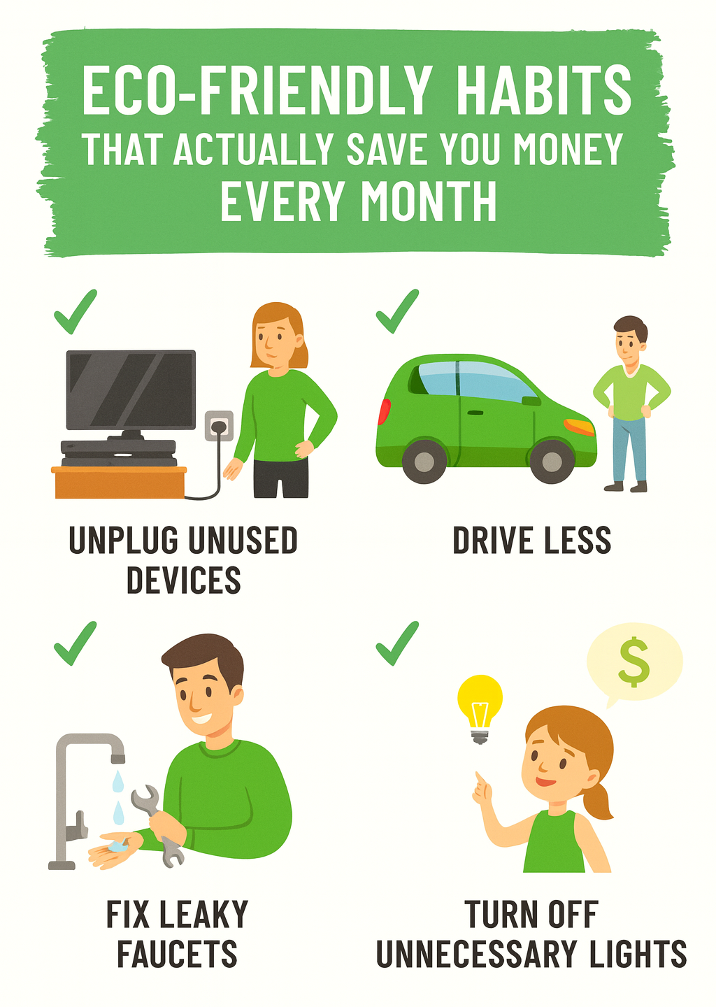 Infographic titled "Eco-Friendly Habits That Actually Save You Money Every Month" showing four illustrations: unplugging devices, driving less, fixing leaky faucets, and turning off unnecessary lights with a dollar sign.