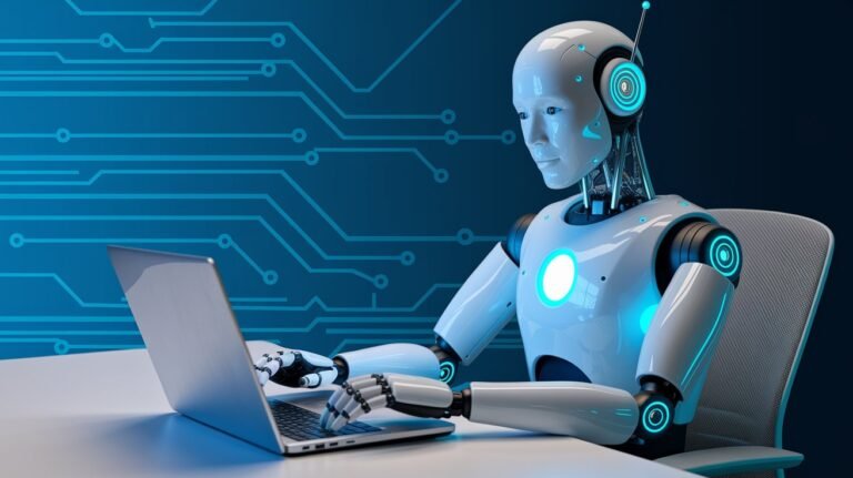 A white humanoid robot with glowing blue accents types on a silver laptop against a dark blue background with glowing circuit board patterns.