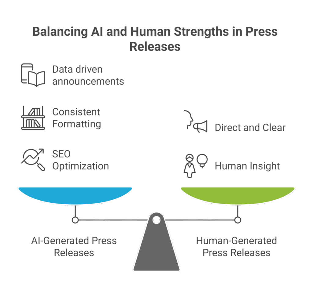 Infographic titled "Balancing AI and Human Strengths in Press Releases" showing a scale comparing AI strengths (data-driven, consistent formatting, SEO) against human strengths (direct/clear, human insight).