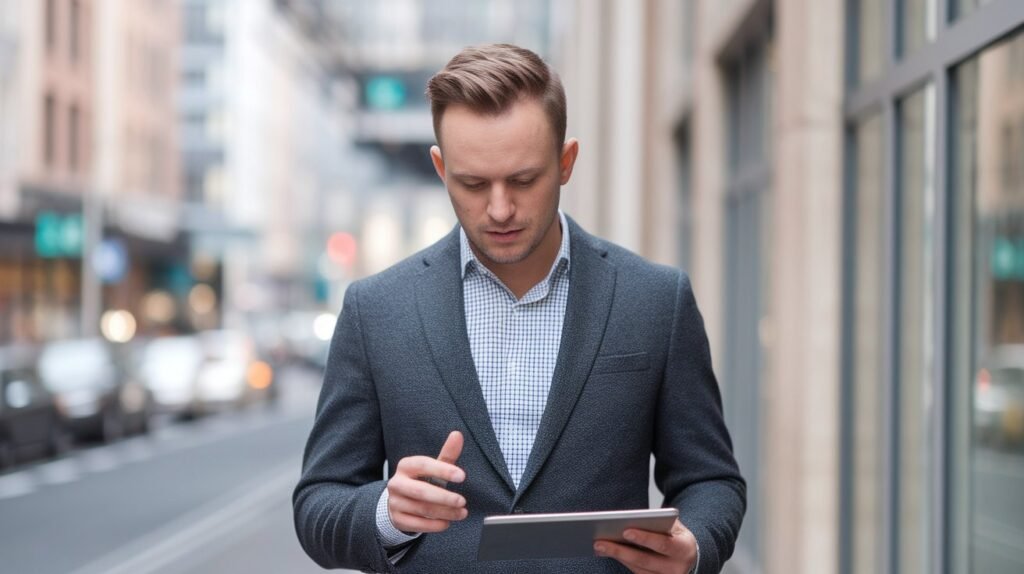 Young businessman in a grey blazer using a tablet device while standing outdoors on a city street.
