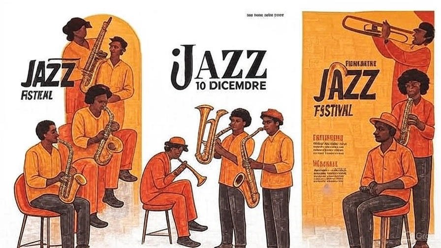 Vintage-style poster art depicting an ensemble of Black musicians playing various brass and woodwind instruments at a Jazz Festival on "10 Dicembre."