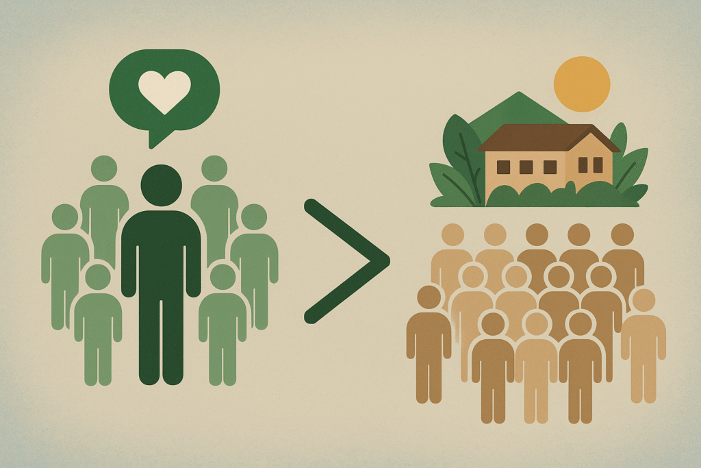 A graphic comparing a small group of green figures with a heart symbol to a larger group of tan figures beneath a house, indicating that community or connection is greater than ownership.