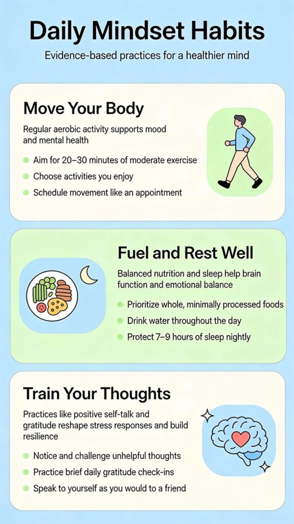 Infographic detailing "Daily Mindset Habits" categorized into Move Your Body, Fuel and Rest Well, and Train Your Thoughts with corresponding illustrations.