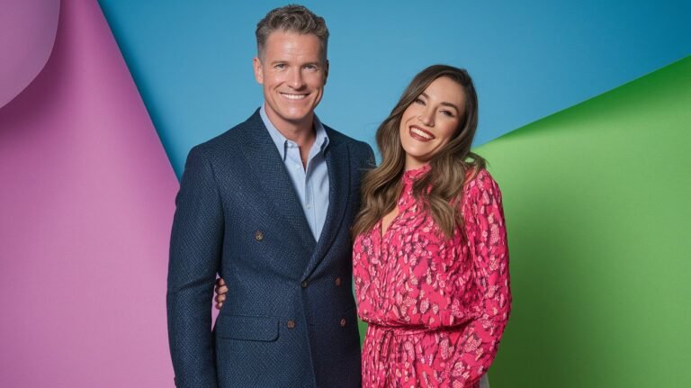 A smiling man in a blue blazer and a woman in a pink patterned dress pose together against a backdrop of overlapping pink, blue, and green geometric shapes.