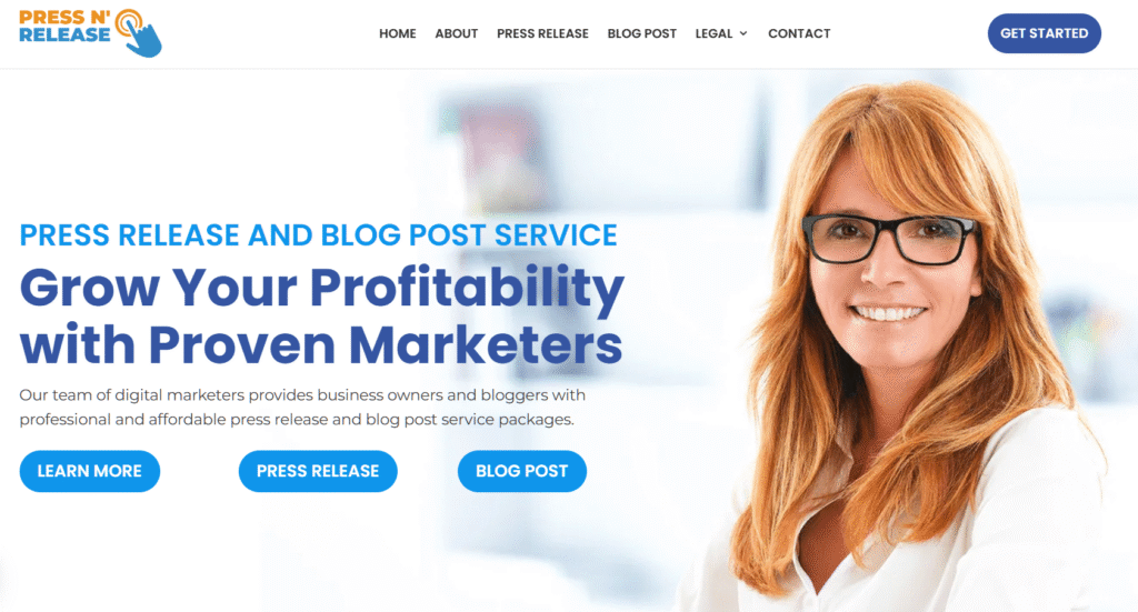 Website homepage screenshot for Press N' Release Agency featuring a smiling woman with red hair and glasses alongside promotional text about press release and blog post services.