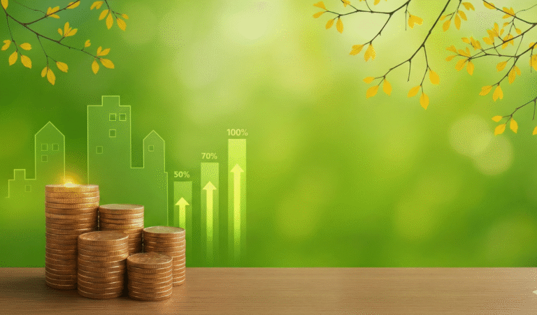Stacks of gold coins sit on a wooden surface against a bright green background featuring rising bar graphs, housing outlines, and yellow autumn leaves framing the top.