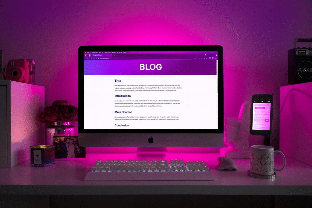 A computer monitor displaying a blog draft sits on a desk illuminated by vibrant pink mood lighting, surrounded by a keyboard, smartphone, and mug.