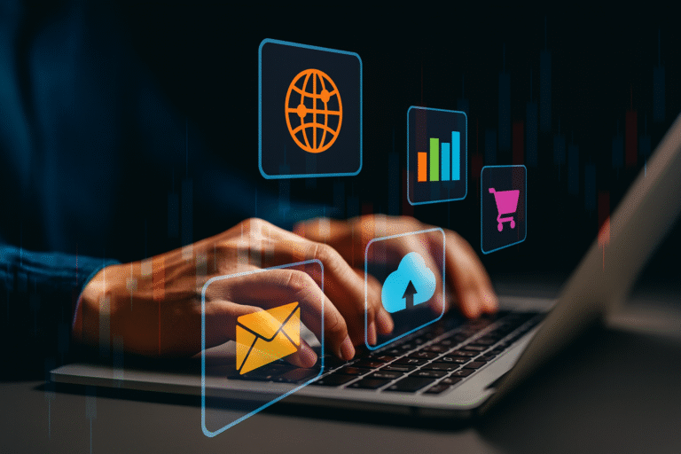 Hands typing on a laptop surrounded by floating digital icons representing email, global network, analytics, cloud storage, and e-commerce.