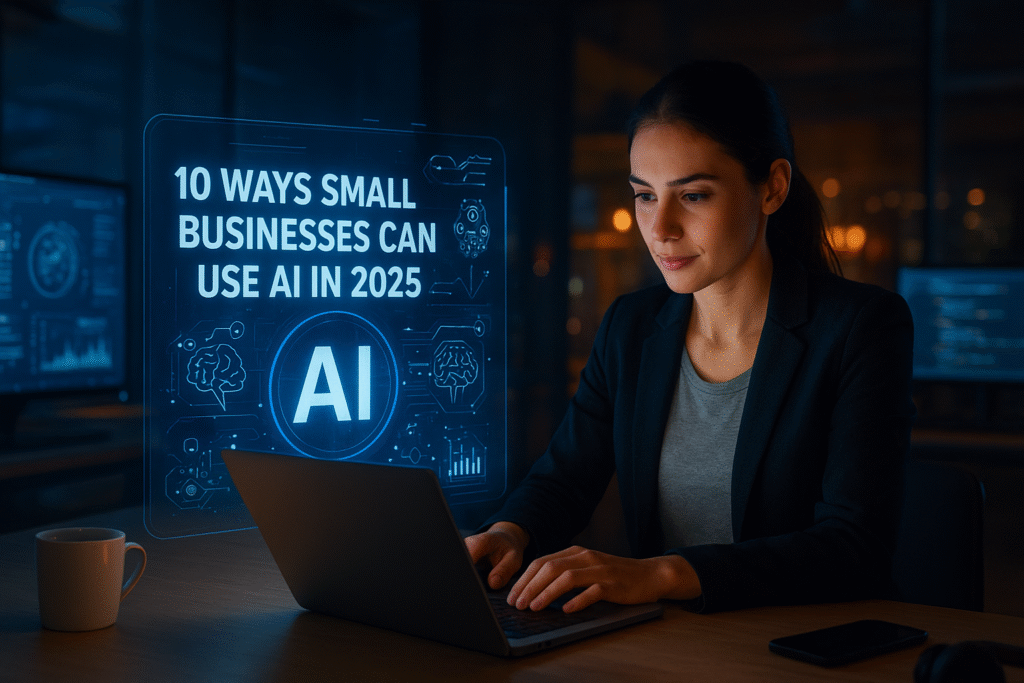 Woman typing on a laptop in an office setting with holographic icons for artificial intelligence floating on a screen.