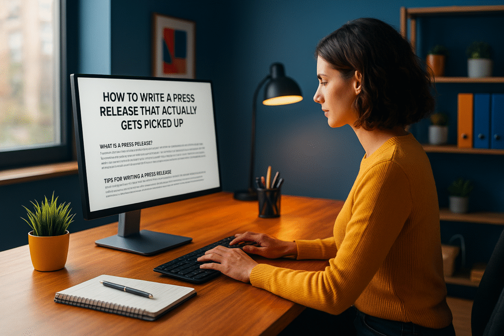 A person in a yellow sweater types on a keyboard, focused on a computer screen displaying tips for writing a press release.