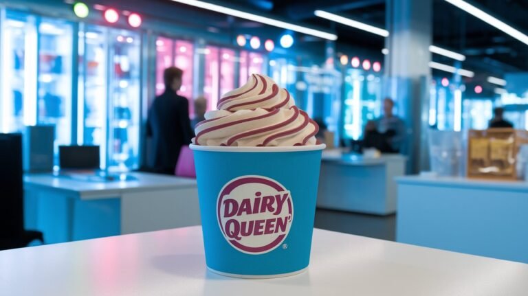 Dairy Queen Blizzard swirl ice cream in a bright blue cup resting on a white surface with a blurred, modern office interior background.