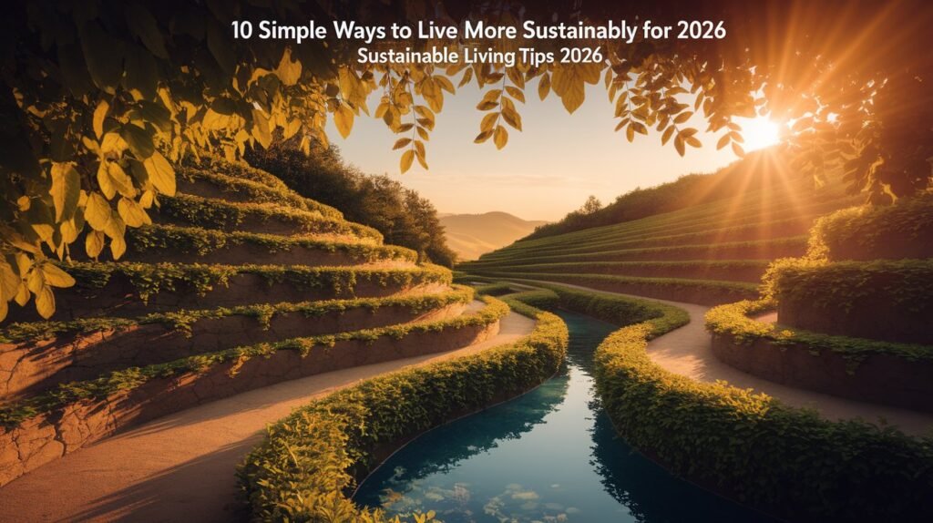 Terraced agricultural landscape with winding paths and water features at sunset, overlaid with text about sustainable living tips.