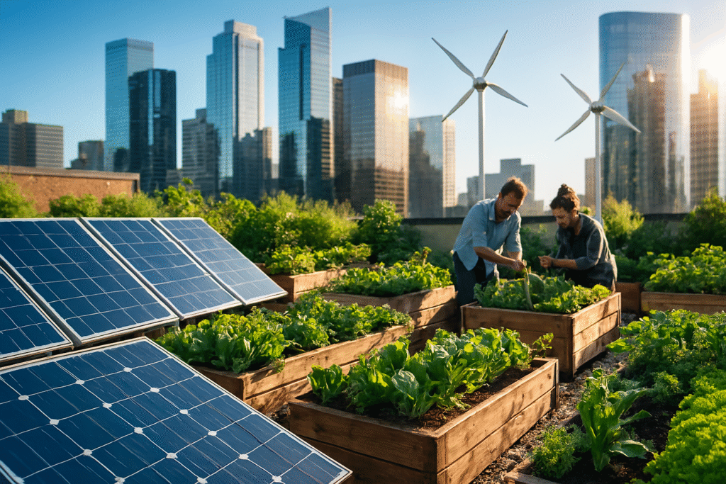 Two people tend raised garden beds on a sunny rooftop farm featuring solar panels and small wind turbines, set against a backdrop of modern city skyscrapers.
