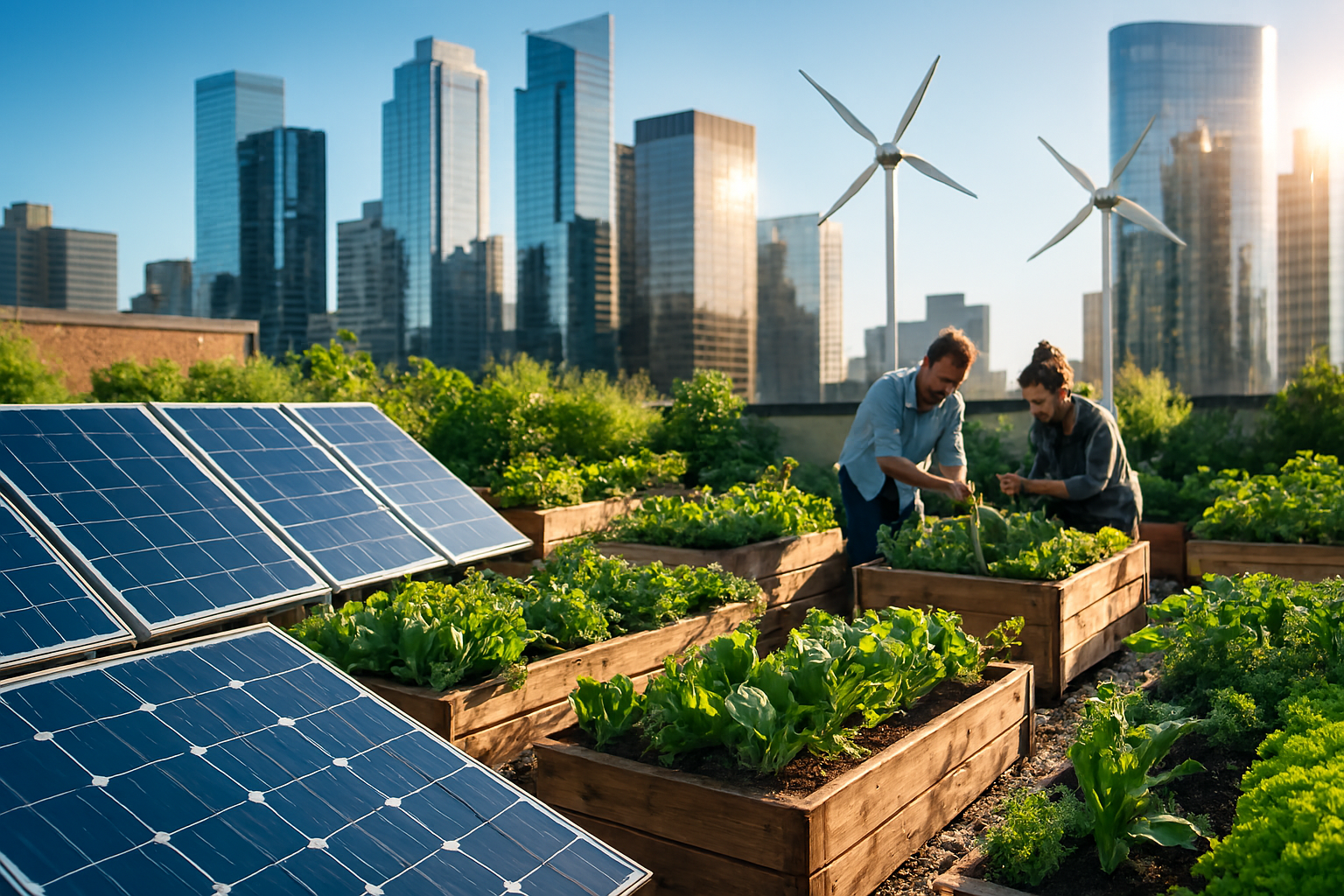 Two people tend raised garden beds on a sunny rooftop farm featuring solar panels and small wind turbines, set against a backdrop of modern city skyscrapers.