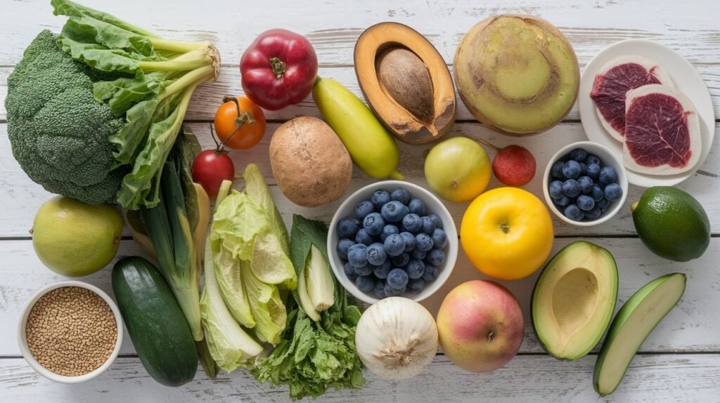 Overhead view of assorted fresh produce, including broccoli, leafy greens, berries, fruits, grains, and two slices of raw red meat on a white wooden background.