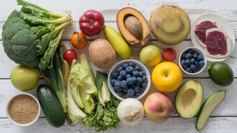 Overhead view of assorted fresh produce, including broccoli, leafy greens, berries, fruits, grains, and two slices of raw red meat on a white wooden background.