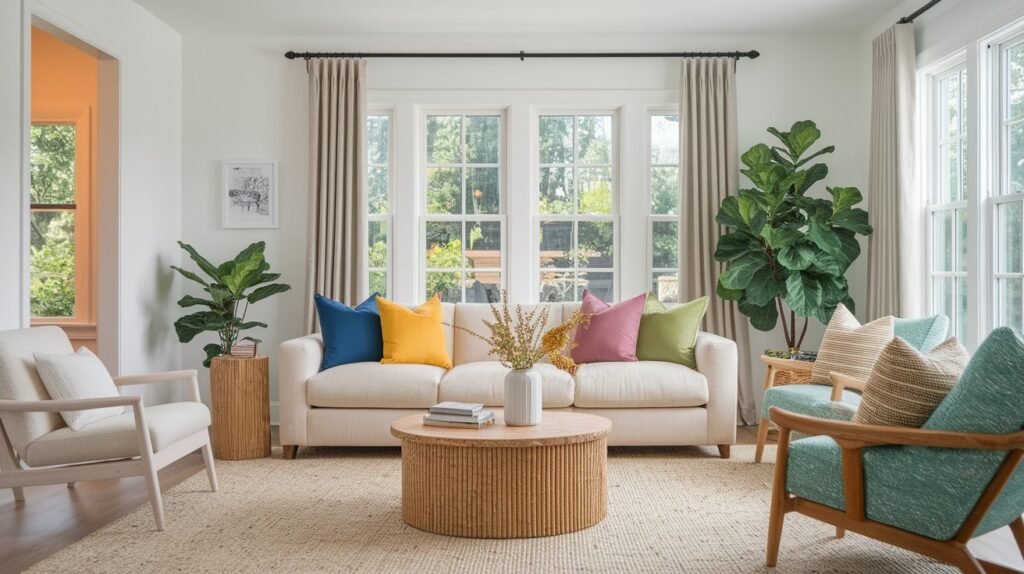 Bright, modern living room with a cream sofa, colorful accent pillows, a round wicker coffee table, and large windows overlooking greenery.