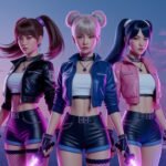 Three futuristic female characters wearing leather jackets and holding glowing purple energy swords stand against a stylized city skyline at twilight, flanked by neon geometric symbols.