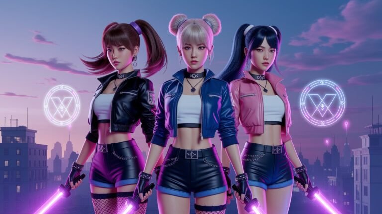 Three futuristic female characters wearing leather jackets and holding glowing purple energy swords stand against a stylized city skyline at twilight, flanked by neon geometric symbols.
