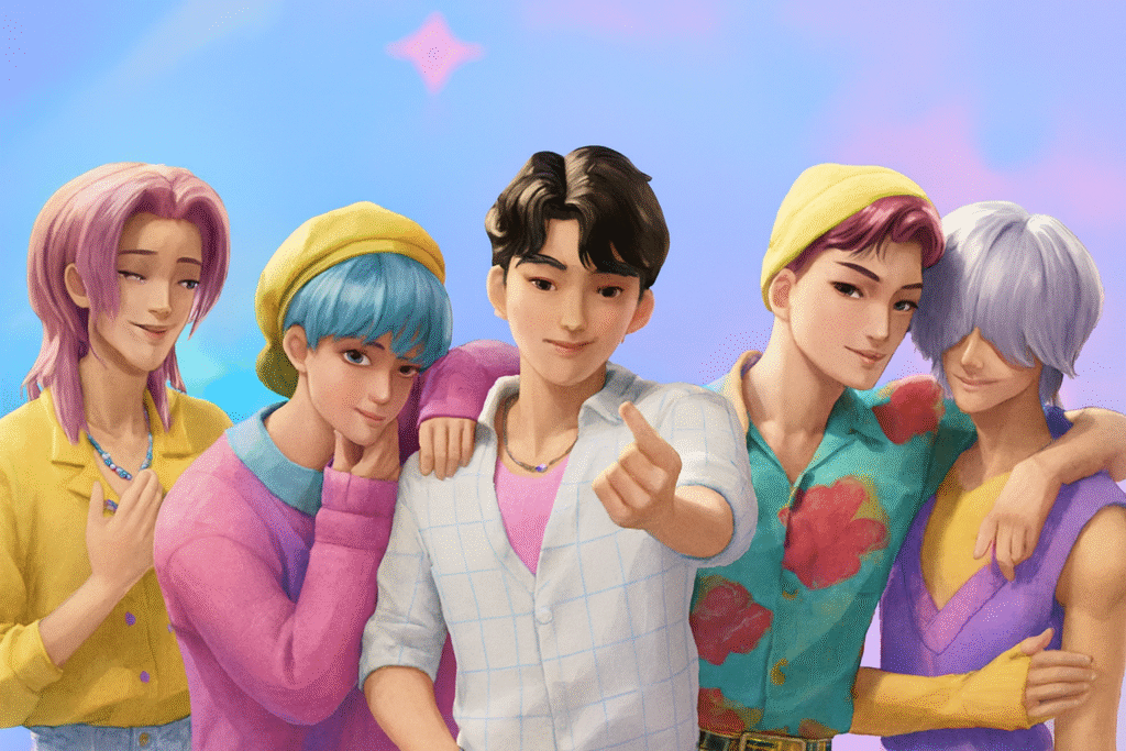 Digital painting of five young men with colorful hair posing closely against a bright blue and purple sky background.