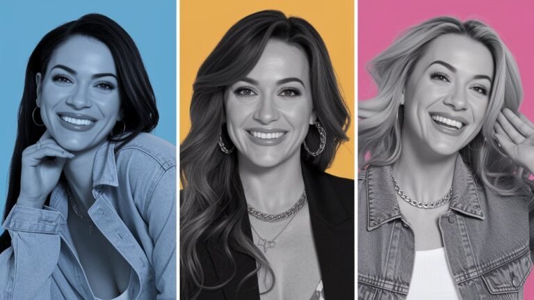 Three portraits of smiling women in black and white, separated by vertical colored panels of blue, yellow, and pink.