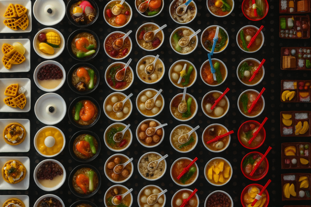 An overhead view of numerous small bowls containing various Asian soups, desserts, and savory items arranged in neat rows alongside plates of waffles and segmented wooden boxes of fruit.