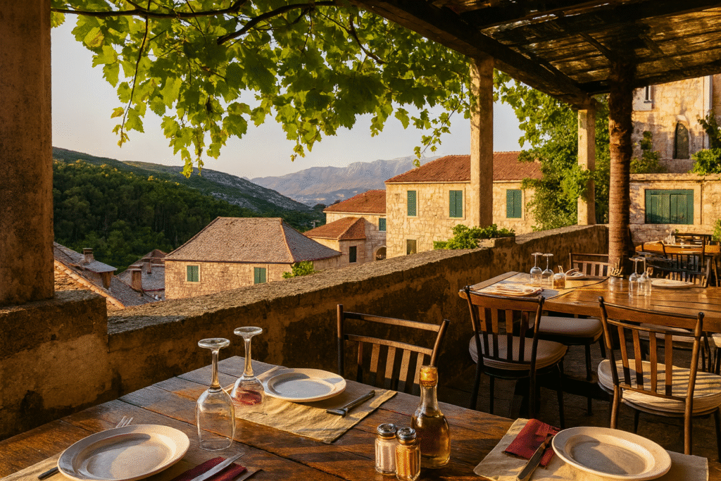 Outdoor dining terrace with wooden tables set for a meal, overlooking stone houses with terracotta roofs and wooded mountains in the golden hour.