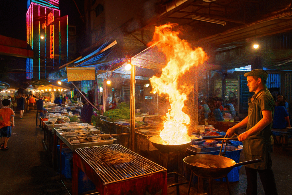 A street vendor cooks over a massive open flame at a busy, neon-lit night market, grilling food on a nearby grate.