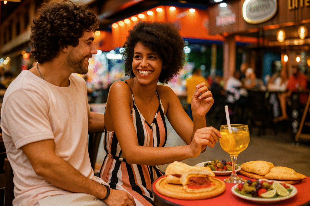 A smiling couple shares a meal and drinks at an outdoor evening restaurant setting with warm string lights overhead.