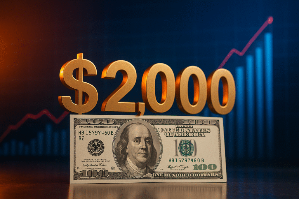 A $2,000 golden figure hovers above a hundred-dollar bill against a dark blue background with an upward trending red line graph.