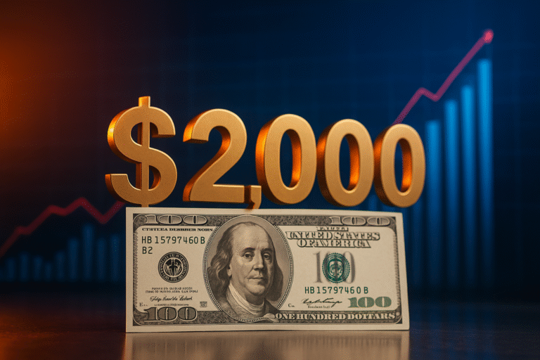 A $2,000 golden figure hovers above a hundred-dollar bill against a dark blue background with an upward trending red line graph.