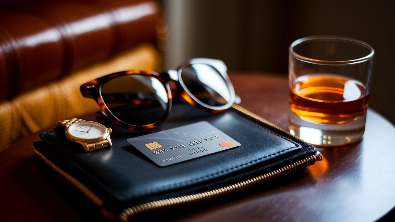 A collection of luxury accessories including a gold watch, tortoiseshell sunglasses, a credit card on a black wallet, and a glass of whiskey rests on a dark wooden surface.