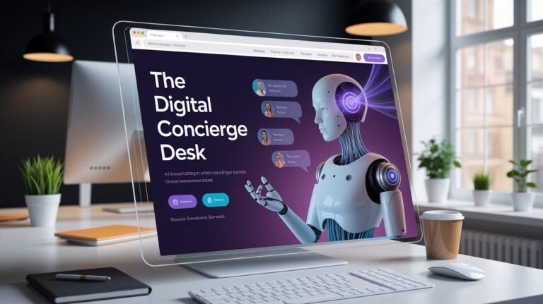 A modern desk setup featuring a transparent monitor displaying a website titled "The Digital Concierge Desk" with a white humanoid robot interface.