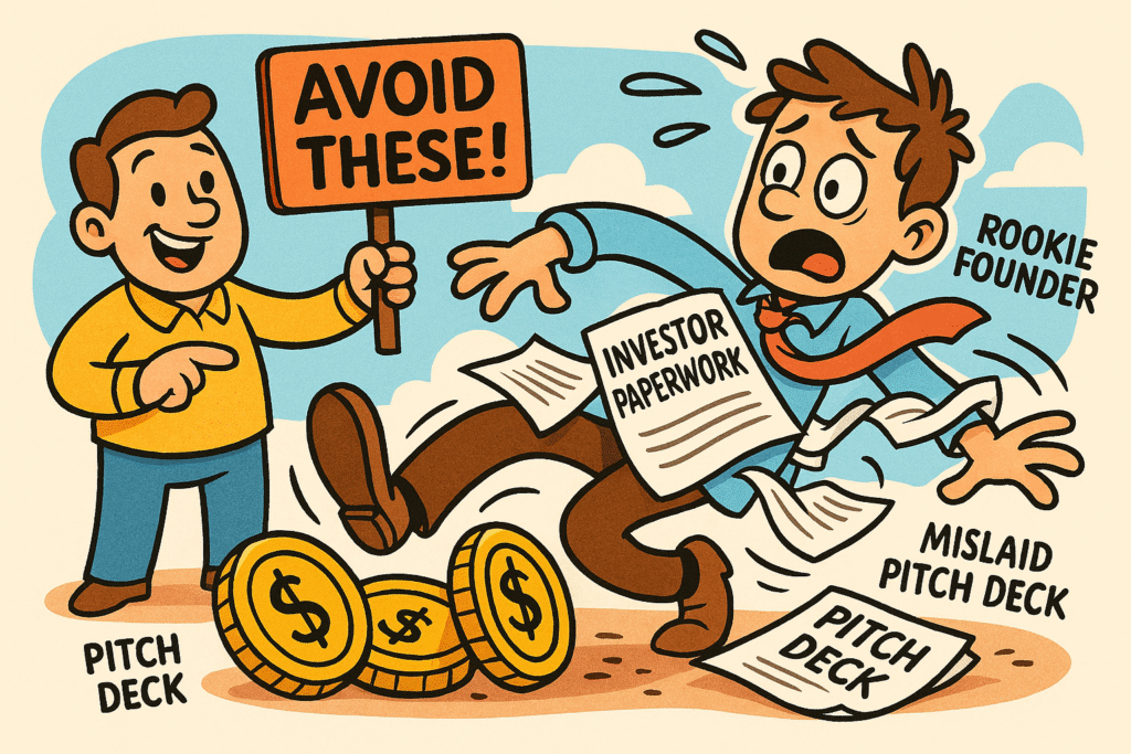 Cartoon illustration showing a panicked rookie founder tripping near coins while an excited figure points with a sign reading "AVOID THESE!" and documents labeled "INVESTOR PAPERWORK" and "PITCH DECK."
