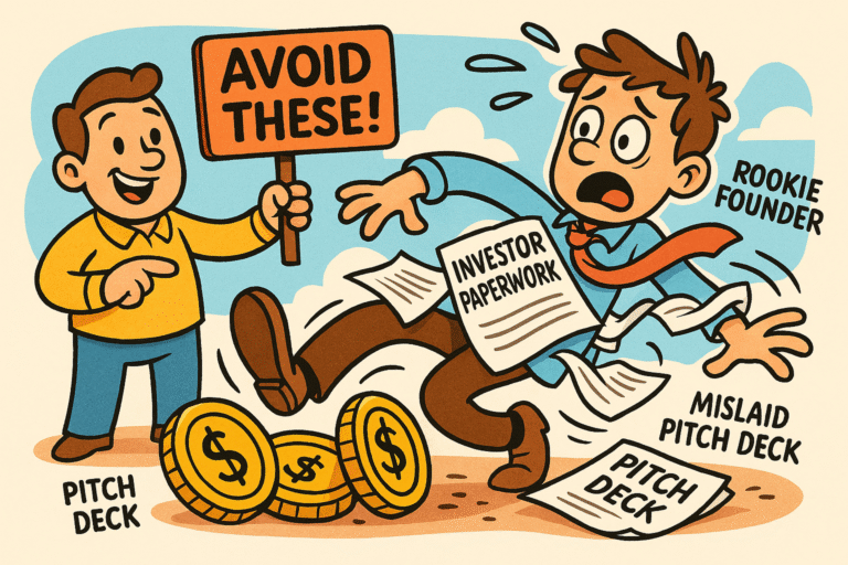 Cartoon illustration showing a panicked rookie founder tripping near coins while an excited figure points with a sign reading "AVOID THESE!" and documents labeled "INVESTOR PAPERWORK" and "PITCH DECK."
