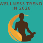 Text graphic featuring the words "WELLNESS TRENDS IN 2026" above a dark silhouette of a person meditating, framed by an orange, curved leaf-like shape on a teal background.