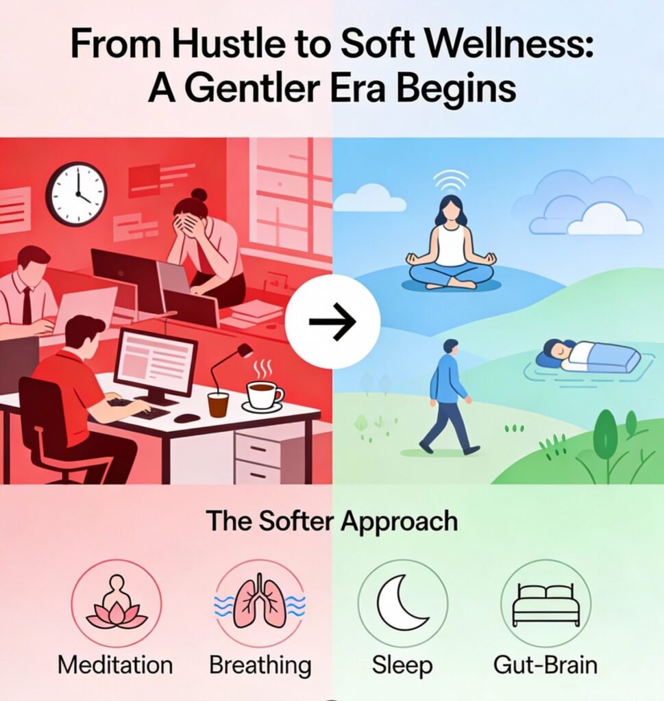 Infographic illustrating the shift from hustle culture to soft wellness, featuring icons for meditation, sleep, and breathing.