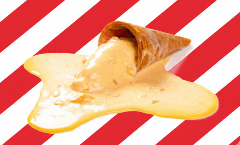 Melting orange ice cream oozes from a fallen waffle cone against a bright red and white diagonal striped background.