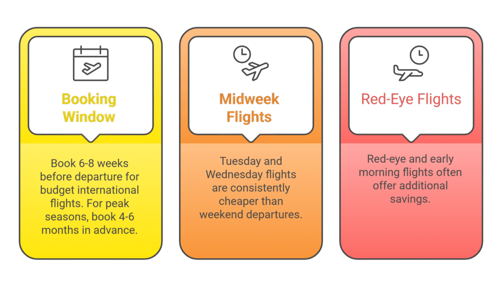 Infographic titled "Flight Booking Tips" detailing three tips: Booking Window, Midweek Flights, and Red-Eye Flights against a black background.