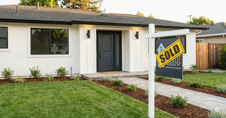 A white modern ranch-style home with a dark gray door features a real estate sign with a bright yellow "SOLD" topper in the foreground.